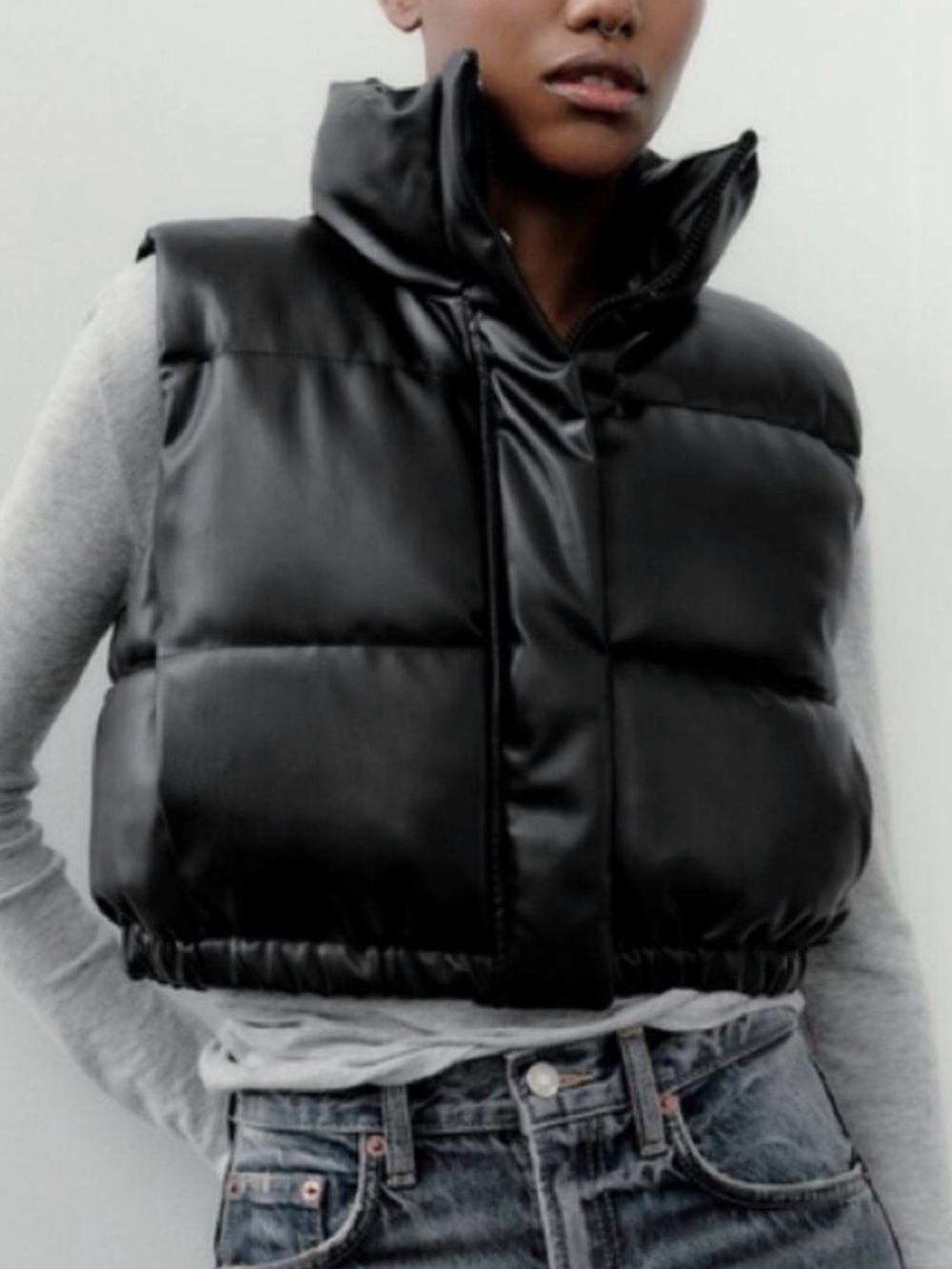 Zara Black Faux Leather Cropped Puffer Vest